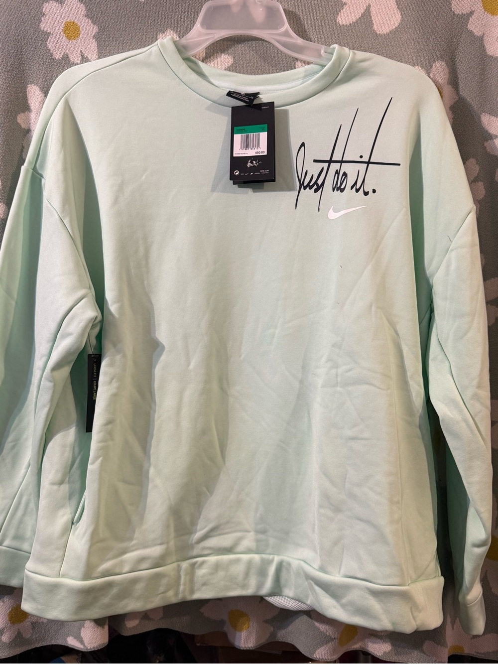 Nike Mint Green 'Just Do It.' Sweatshirt with Pink Swoosh